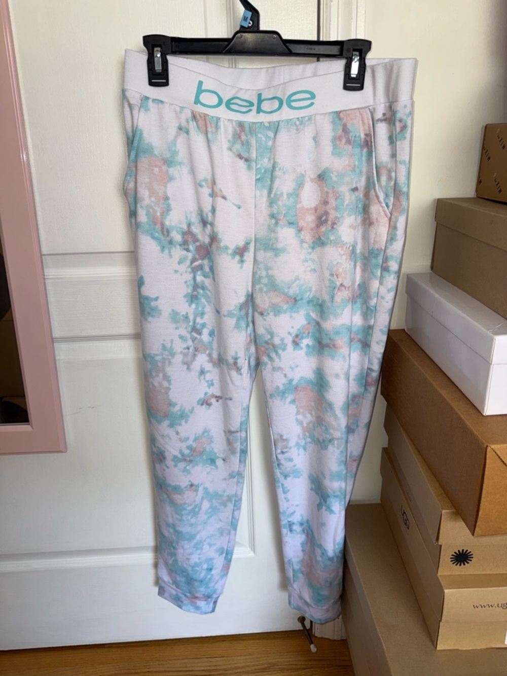 bebe White Tie-Dye Jogger Pants with Mint & Blush Accents
